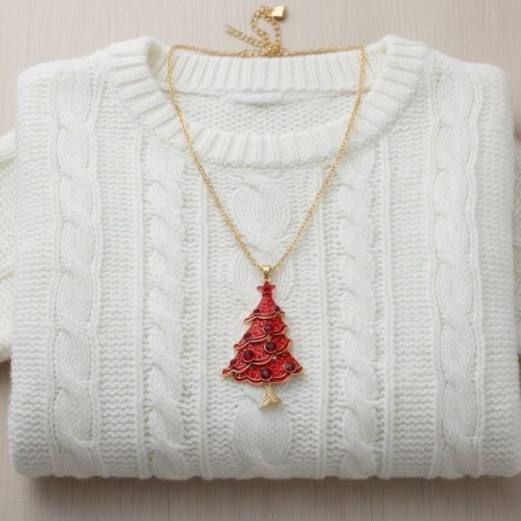 Betsey Johnson Christmas Tree Adj. Necklace Red Crystal Gold Chain BJ Charm - Picture 9 of 11